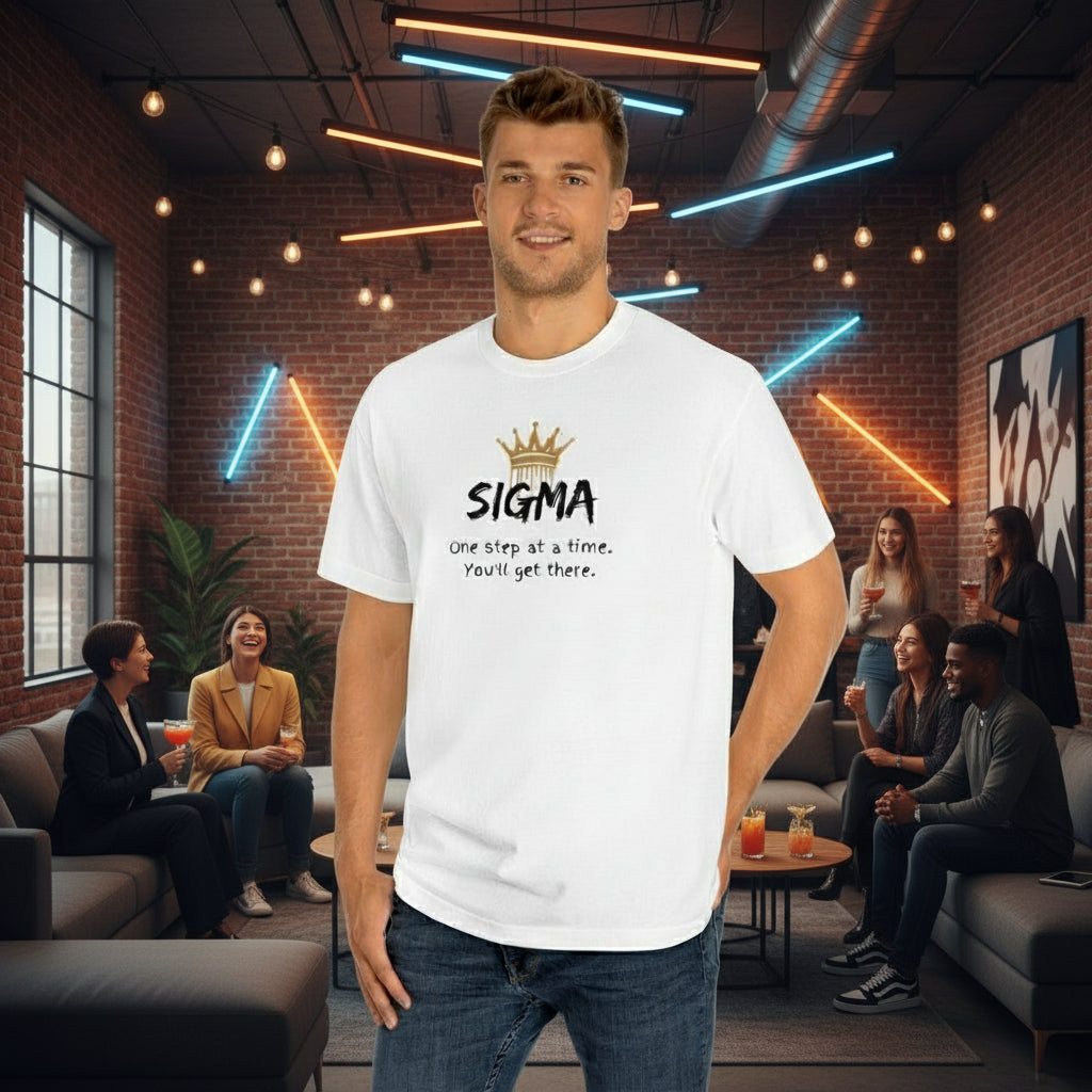 Man wearing a white t-shirt with 'SIGMA' and motivational text on a white background
